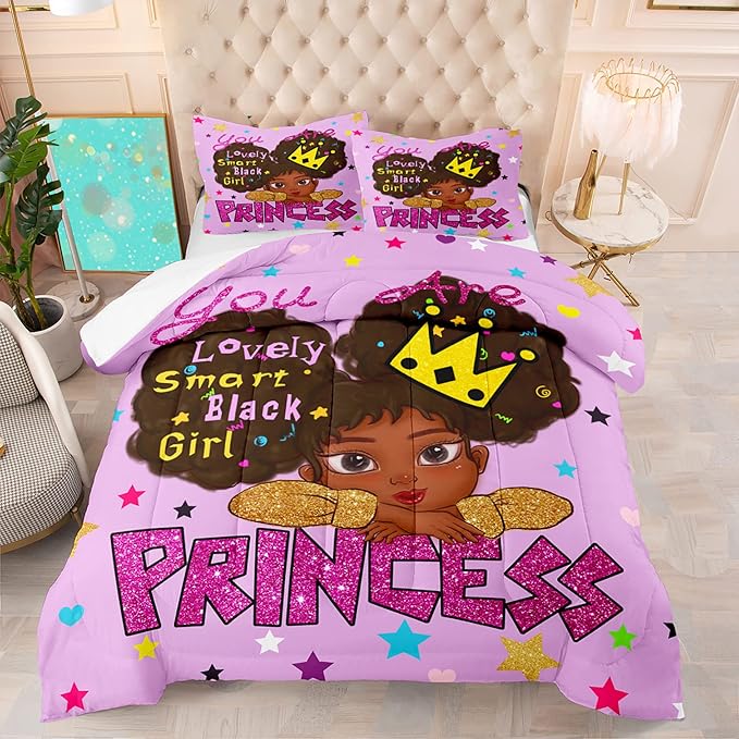 Black Girl Comforter Set Queen African Black Girls Comforter Sets Queen Princess Queen Bedding Set Cute Black Girls Princess Room Decor Bedding Set, Queen (1 Comforter 2 Pillowcases)