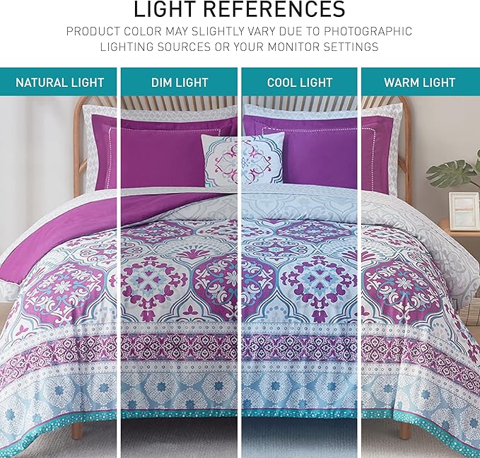 Degrees of Comfort Purple Comforter Set,Queen Boho Bedding Sets with Sheets,Bohemian Microfibe Bed in A Bag with Side Pockets, Matching Decorative Pillow, 8 Piece