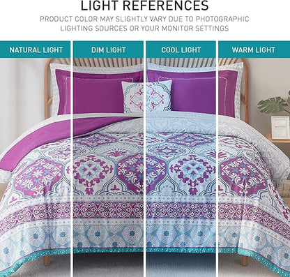Degrees of Comfort Purple Comforter Set,Queen Boho Bedding Sets with Sheets,Bohemian Microfibe Bed in A Bag with Side Pockets, Matching Decorative Pillow, 8 Piece