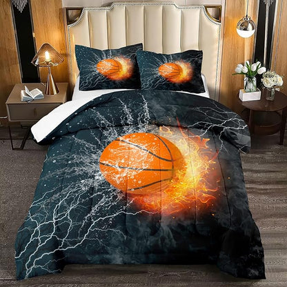 Basketball Comforter Set Full Size, Sports Basketball Bedding Boys Comforter Sets for Bedroom Fire Ice Basketball Theme Room Decor for Teen Boys, 1 Comforter 2 Pillowcase
