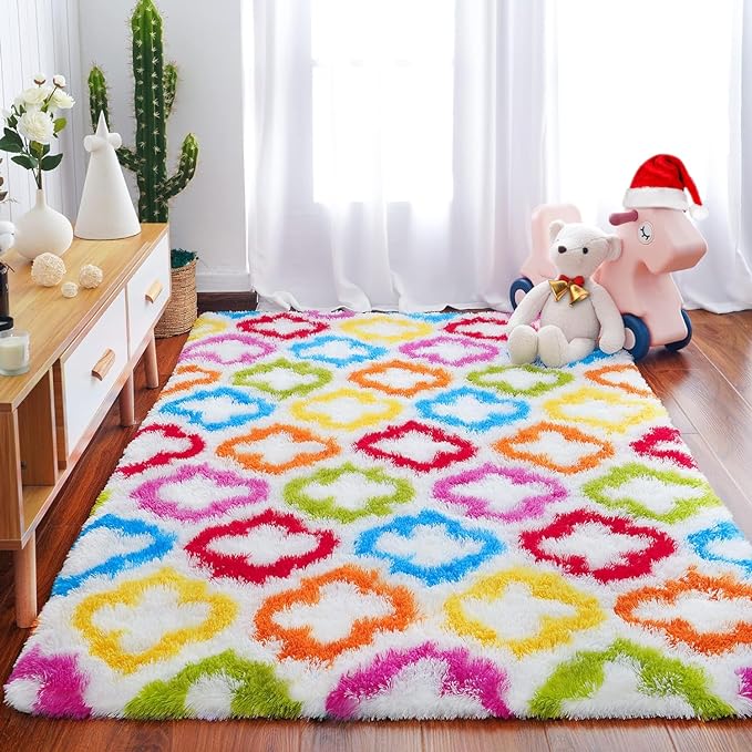 Tepook Fluffy Colorful Rug for Kids, Shaggy Soft Rainbow Area Rugs for Girls Bedroom, Indoor Modern Geometric Moroccan Rugs Plush Girls Kids Rug for Playroom Teens Room Nursery Home Decor, 3 X 5 ft