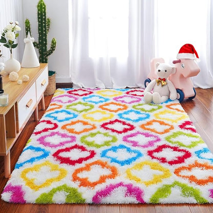 Tepook Fluffy Colorful Rug for Kids, Shaggy Soft Rainbow Area Rugs for Girls Bedroom, Indoor Modern Geometric Moroccan Rugs Plush Girls Kids Rug for Playroom Teens Room Nursery Home Decor, 3 X 5 ft
