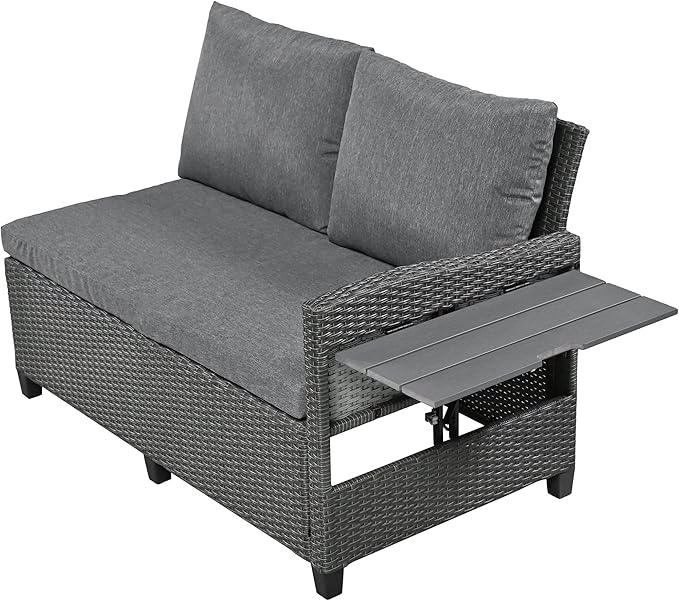 5-Piece Outdoor Patio Furniture Set with Dining Table&Bench, All-Weather PE Wicker Sofa w/2 Extendable SideTables&Cushions&Washable Covers, Rattan Conversation Couch for Backyard Yard, Gray