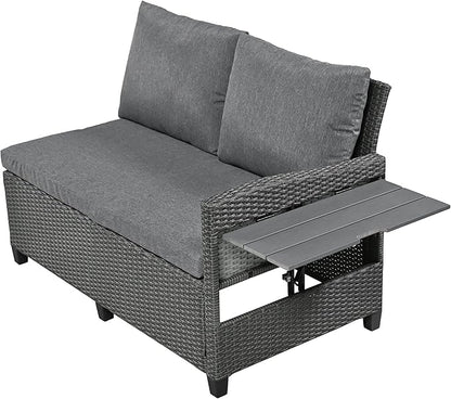 5-Piece Outdoor Patio Furniture Set with Dining Table&Bench, All-Weather PE Wicker Sofa w/2 Extendable SideTables&Cushions&Washable Covers, Rattan Conversation Couch for Backyard Yard, Gray