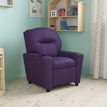 Flash Furniture Chandler Vinyl Kids Recliner with Cup Holder and Safety Recline, Contemporary Reclining Chair for Kids, Supports up to 90 lbs., Purple