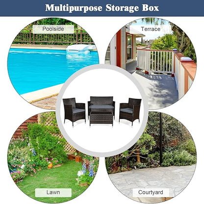 Goplus 4-Piece Rattan Patio Set, Outdoor/Indoor Wicker Conversation Set for Pool, Backyard, Lawn, Wicker Chairs and Sofa with Soft Cushion, Rattan Furniture with Tempered Glass Coffee Table