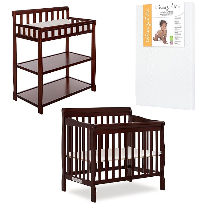 Nursery Essentials Bundle of Dream On Me Aden Convertible 4-in-1 Mini Crib, Dream On Me Ashton Changing-Table, with a Dream On Me Sunset 3” Extra Firm Fiber Portable Crib Mattress