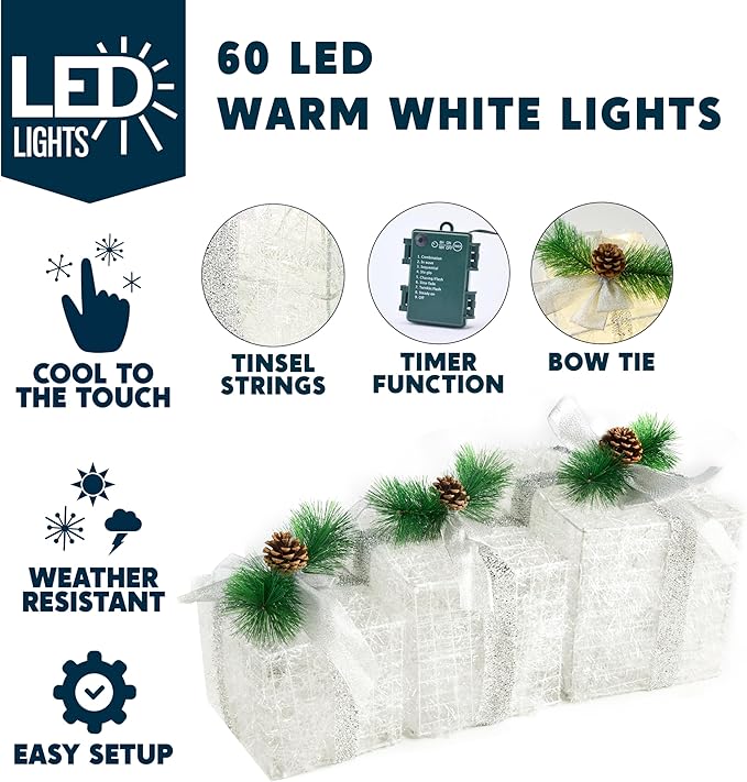 Joiedomi Christmas Lighted Gift Boxes, Christmas Decorations Set of 3, Light up Present Boxes, 60 LED Warm White Lights for Indoor Holiday Décor, Christmas Eve Night Décor
