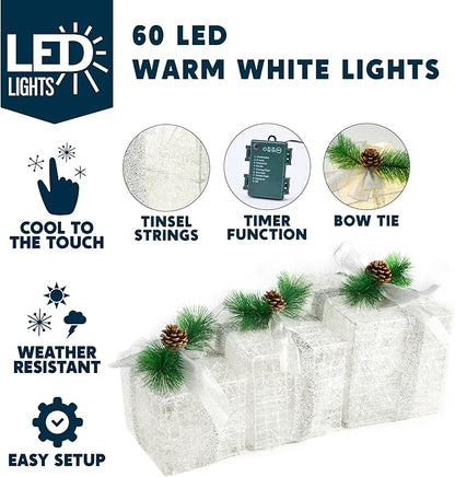 Joiedomi Christmas Lighted Gift Boxes, Christmas Decorations Set of 3, Light up Present Boxes, 60 LED Warm White Lights for Indoor Holiday Décor, Christmas Eve Night Décor