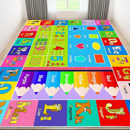 Kids Alphabet Play Game Rug - 7'x10' ABC Numbers and Shapes Educational Learning Toddler Carpet - Kids Room Playroom Classroom Kindergarten Activity Fun Soft Non-Slip Mat