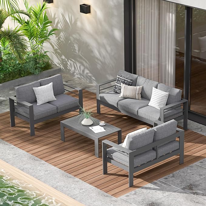Wisteria Lane Aluminum Outdoor Patio Furniture Set, Modern Patio Conversation Sets, Outdoor Sectional Metal Sofa with 5 Inch Cushion and Coffee Table for Balcony, Garden, Dark Grey