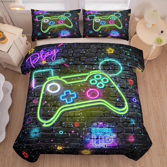 Boys Queen Size Bedding Set, Kids Bedding Sets for Boys, Gaming Comforter Sets for Boys, Teen Boys Gaming Bedding Sets, Gamer Room Decor for Boys Teens Girls (1 Comforter +2 Pillowcases)