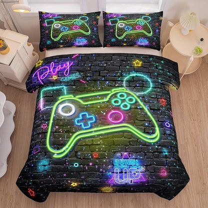 Gamer Comforter Sets for Boys, Twin Boys Bedding Set, 5 Piece Bed in a Bag Twin Boys, Teen Boy Comforter Set, Gamer Bedding Set with Flat Sheet, Fitted Sheet