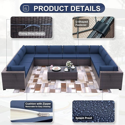 Patio Furniture Set 14-Piece Outdoor Furniture for Backyard Wicker Sectional Sofa Set, PE Rattan Patio Conversation Set 12 Seat with Thickened Cushions and Glass Coffee Tables, Navy Blue