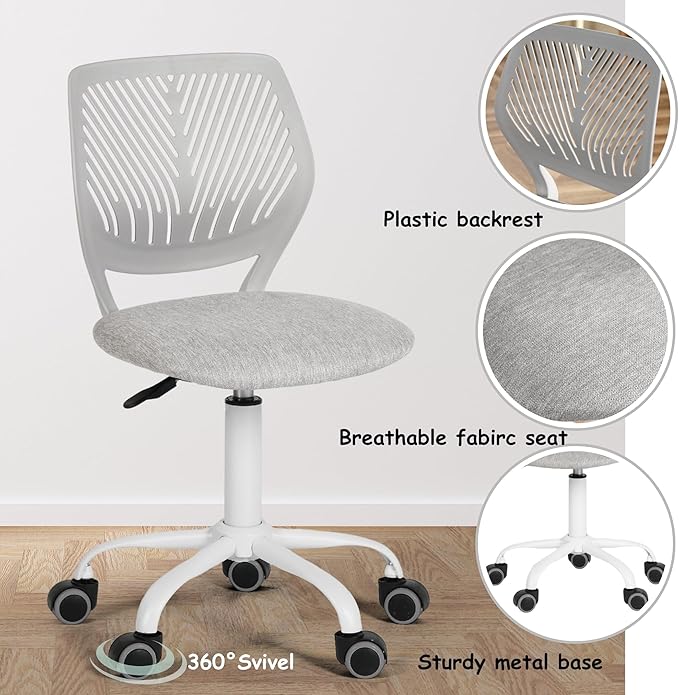 FurnitureR Writing Task Chair for Teens Boys Girls 360 Rolling Wheels Fabric Soft Pad Seat Breathable Backrest, Height Adjustable Liftup 29.5"-34.3", Morandi Grey