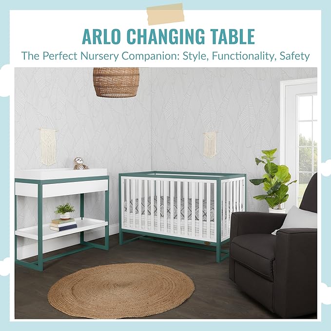 Arlo Changing Table in Jungle Green, Made of Solid New Zealand Pinewood, Non-Toxic Finish, Comes with Water Resistant Mattress Pad & Safety Strap