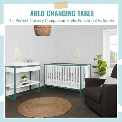 Arlo Changing Table in Jungle Green, Made of Solid New Zealand Pinewood, Non-Toxic Finish, Comes with Water Resistant Mattress Pad & Safety Strap