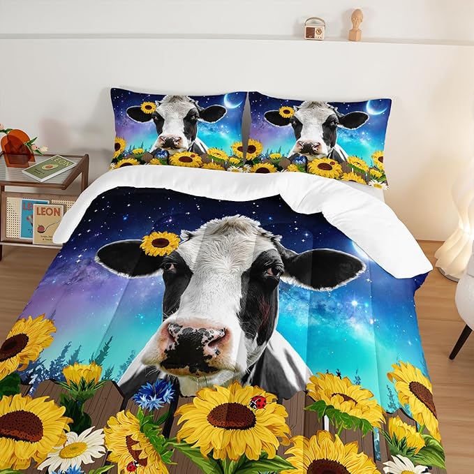HOSIMA Cow Print Comforter Set with 2 Pillowcases,Farm Animal Theme Bedding Set Sunflower Full Size Comforter for Adults Teens Kids,Farm Starry Sky Toddler Comforter Floral Bedding Set.