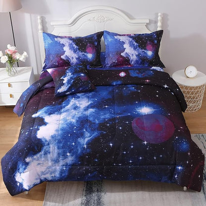 JQinHome Queen Galaxy Comforter Sets 6 Piece Bed in A Bag, Outer Space Themed Bedding for Children Boy Girl Teen Kids - (1 Comforter, 1 Flat Sheet, 1 Fitted Sheet, 2 Pillowshams, 1 Cushion Cover)