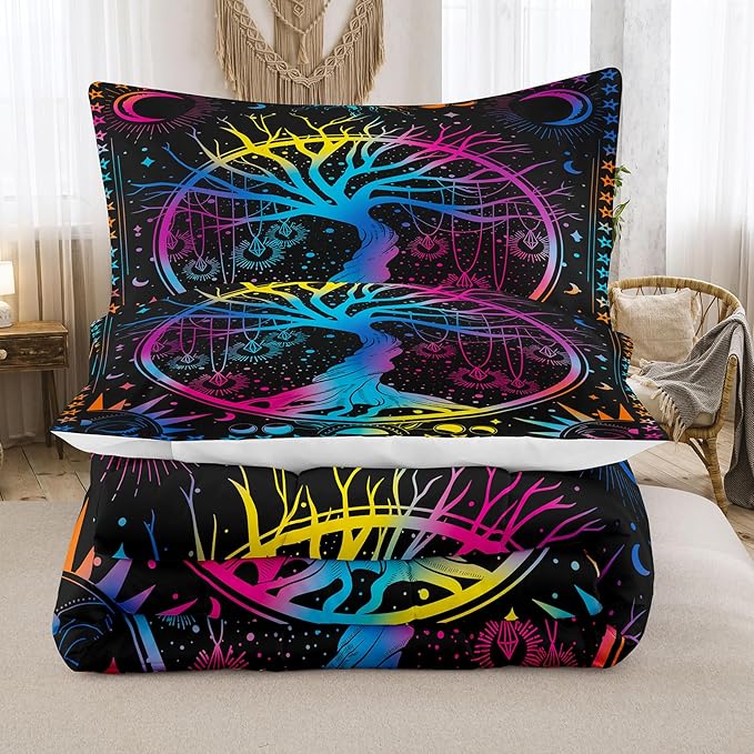 NINENINE Tree of Life Bedding Sets Queen Sun and Moon Comforter Set,Gothic Bohemian Comforter Set for Kids Boys Girls,Galaxy Stars Mandala Tribal Bed Set with 1 Comforter 2Pillowcases…