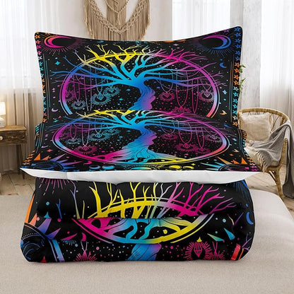 NINENINE Tree of Life Bedding Sets Queen Sun and Moon Comforter Set,Gothic Bohemian Comforter Set for Kids Boys Girls,Galaxy Stars Mandala Tribal Bed Set with 1 Comforter 2Pillowcases…