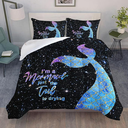 Datura home Bedding Comforter Set Black Starry Sky Mermaid Printed Pattern Quilt with 1 and 2 Pillowcases for Girls Bedroom All Season(Black Queen) Queen 90x90inches