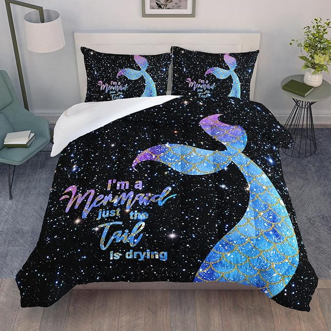 Datura home Bedding Comforter Set Black Starry Sky Mermaid Printed Pattern Quilt with 1 and 2 Pillowcases for Girls Bedroom All Season(Black Twin) Twin 68x86inches