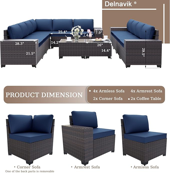 Patio Furniture Set Sofa 12-Pieces Wicker Sectional Sofa Set, Outdoor Furniture Rattan Patio Conversation Set with Thickened Cushions and Glass Coffee Table, Navy Blue