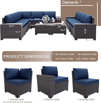 Patio Furniture Set Sofa 12-Pieces Wicker Sectional Sofa Set, Outdoor Furniture Rattan Patio Conversation Set with Thickened Cushions and Glass Coffee Table, Navy Blue