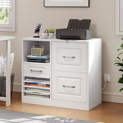 YITAHOME 3 Drawer File Cabinet, Filing Cabinet with Charging Station, Printer Stand with Open Storage Shelves, Fits for A4, Letter, Legal Size Files, White