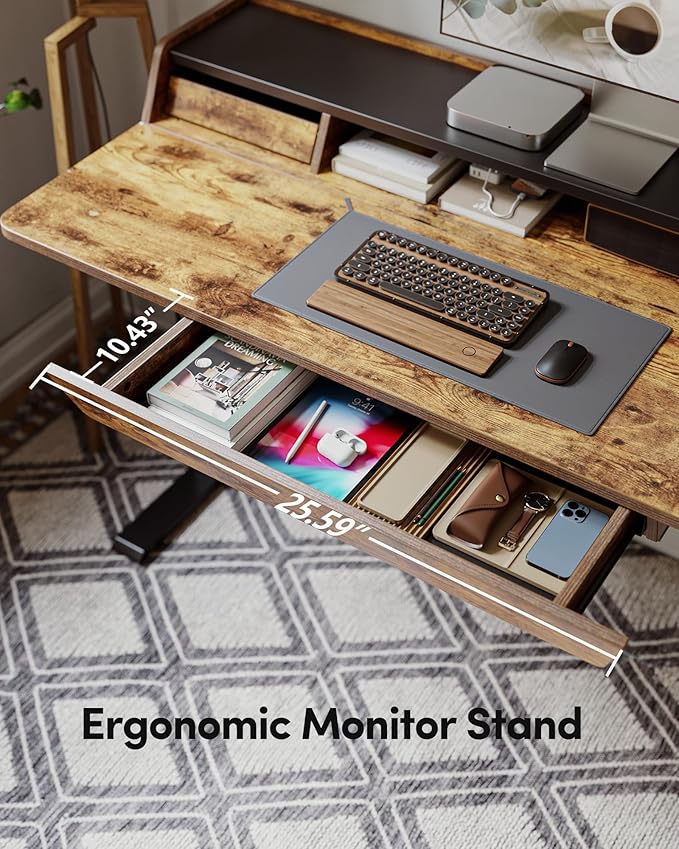 BANTI Height Adjustable Electric Standing Desk with Three Drawers, 48 x 25 Inch Table with Storage Shelf, Sit Stand Desk with Storage Space, Splice Board with Black Frame/Rustic Brown Top