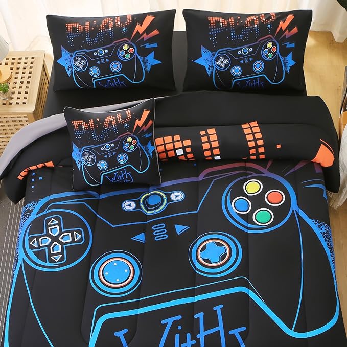 6Pcs Game Console Comforter Set with Sheets for Boys Girls Kids Teens, Geometric Gaming Themed Bed in A Bag Twin Size, 3D Video Gamer Controller Bedroom Decor Bedding Set(Blue)
