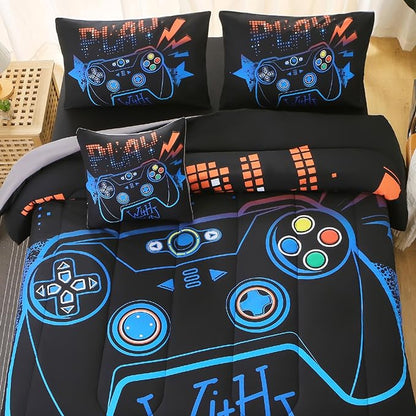 6Pcs Game Console Comforter Set with Sheets for Boys Girls Kids Teens, Geometric Gaming Themed Bed in A Bag Twin Size, 3D Video Gamer Controller Bedroom Decor Bedding Set(Blue)