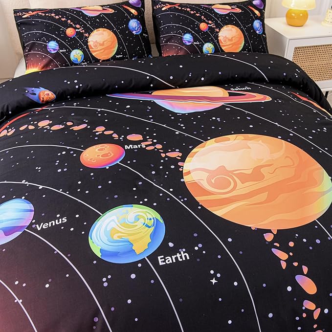 6 Pcs Solar System Comforter Set Full Outer Space Bedding Set Universe Planets Theme Comforter for Boys Kids Ultra-Soft (1 Comforter, 2 Pillowcases, 1 Flat Sheet, 1 Fitted Sheet,1 Pillowcover)