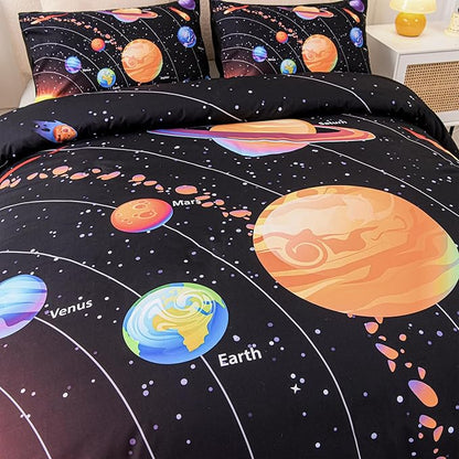 6 Pcs Solar System Comforter Set Full Outer Space Bedding Set Universe Planets Theme Comforter for Boys Kids Ultra-Soft (1 Comforter, 2 Pillowcases, 1 Flat Sheet, 1 Fitted Sheet,1 Pillowcover)
