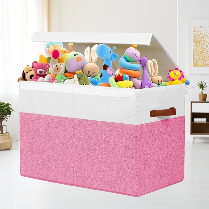 Large Toy Storage Box with Lid, Sturdy Toys Storage Chest Bin Organizer Basket with Dividers for Kids, Boys, Girls, Nursery, Closet, Bedroom, Playroom 25"x13" x16" (Pink and White)