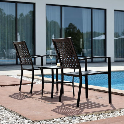 3 Piece Iron Bistro Set Stackable Outdoor Patio Furniture Set with 2 Large Comfortable Porch Chairs and Metal Coffee Table, Black