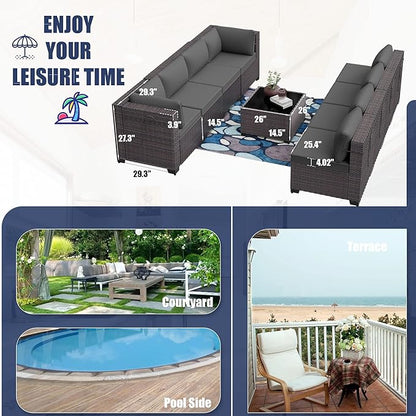 Outdoor Furniture Set 7PCS Patio Furniture for Backyard Wicker Sectional Sofa Set 6 Seats, PE Rattan Outdoor Conversation Set with Thickened Cushions and Glass Coffee Table, Grey