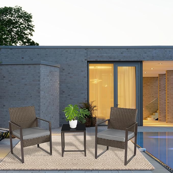 3 Pieces Patio Furniture Set Outdoor Wicker Bistro set Rattan Chair Conversation Sets with Coffee Table for Porch, Balcony,Garden,Backyard and Removable Cushions Grey