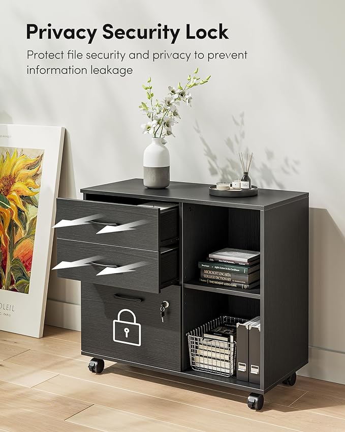 FEZIBO 3-Drawer Mobile File Cabinet, Lateral Filing Cabinet with Lock, Printer Stand with Open Storage Shelves for Home Office, Filing Cabinets for Home Office, Black