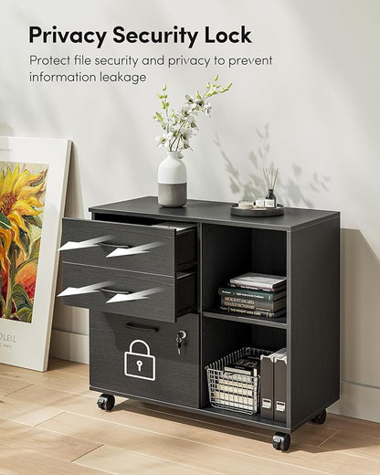 FEZIBO 3-Drawer Mobile File Cabinet, Lateral Filing Cabinet with Lock, Printer Stand with Open Storage Shelves for Home Office, Filing Cabinets for Home Office, Black