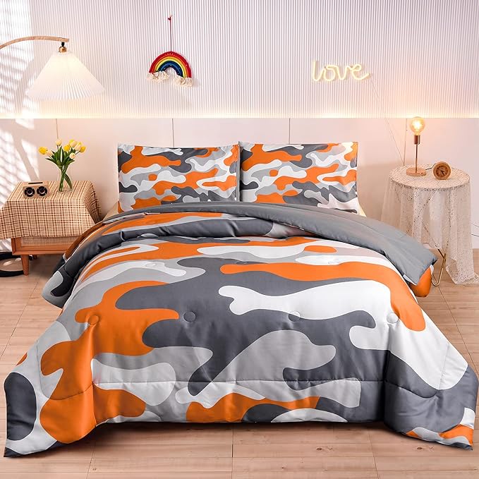 Meeting Story Kids Camo Bedding Set, Army Camouflage Bedding King Comforter Set for Boys Girls Teens Bedroom Decoration, 3Pcs (Orange, King)