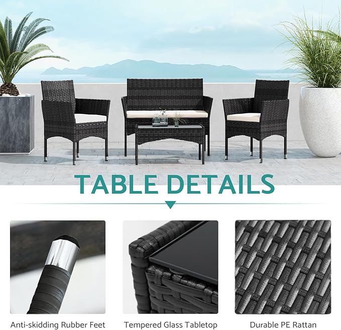 Patio Furniture, 4 Piece Conversation Set, Outdoor Wicker Rattan Table and Chairs, Sectional Sofa with Thick Cushion for Garden, Yard, or Porch, Dark Black