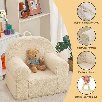 Beige Sherpa Toddler Chair, Soft Kids Plush Chair for Relaxing & Reading, Lightweight Handle Design, Easy to Clean, Removable Cover, Modern Style, 22x20x24 inches, 7.7 pounds