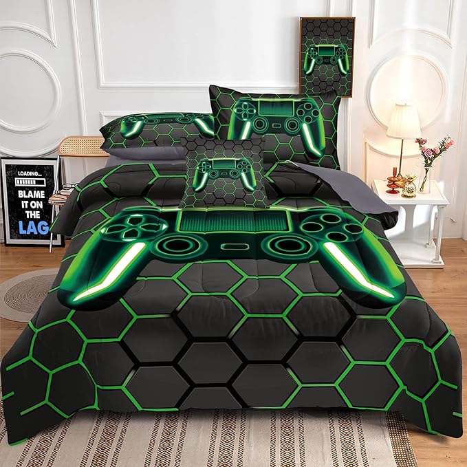 Kids Gaming Bedding Sets, 6 Piece Gamer Comforter Sets for Teens Boys Queen Size for Bedroom Comforter Set Adult 3D Gamepad Microfiber Bedding Sets Fits All Season (Queen Comforter