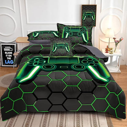 Kids Gaming Bedding Sets, 6 Piece Gamer Comforter Sets for Teens Boys Queen Size for Bedroom Comforter Set Adult 3D Gamepad Microfiber Bedding Sets Fits All Season (Queen Comforter