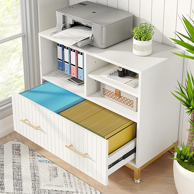 White Lateral File Cabinet with Drawer, 35.4" Modern Filing Cabinet with Adjustable Hanging Rod for Legal/Letter/A4 Size Files, Wood Printer Stand with Open Storage Spaces for Home Office