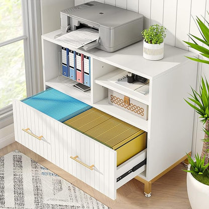 White Lateral File Cabinet with Drawer, 35.4" Modern Filing Cabinet with Adjustable Hanging Rod for Legal/Letter/A4 Size Files, Wood Printer Stand with Open Storage Spaces for Home Office