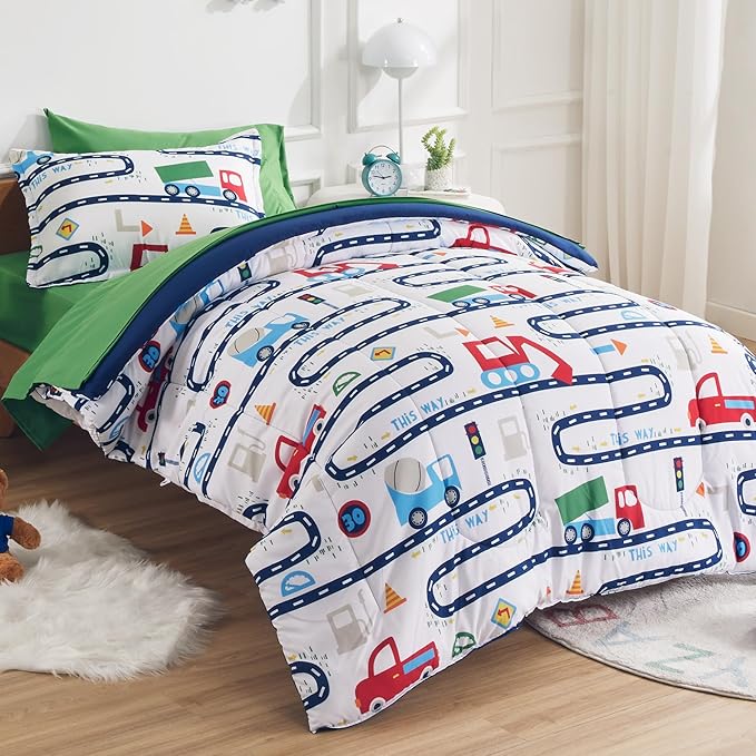 SLEEP ZONE Kids Bedding Comforter Set Full/Queen Size - Super Cute & Soft Kids Bedding 7 Pieces Set with Comforter, Sheet, Pillowcase & Sham (Road Trip, Full/Queen)
