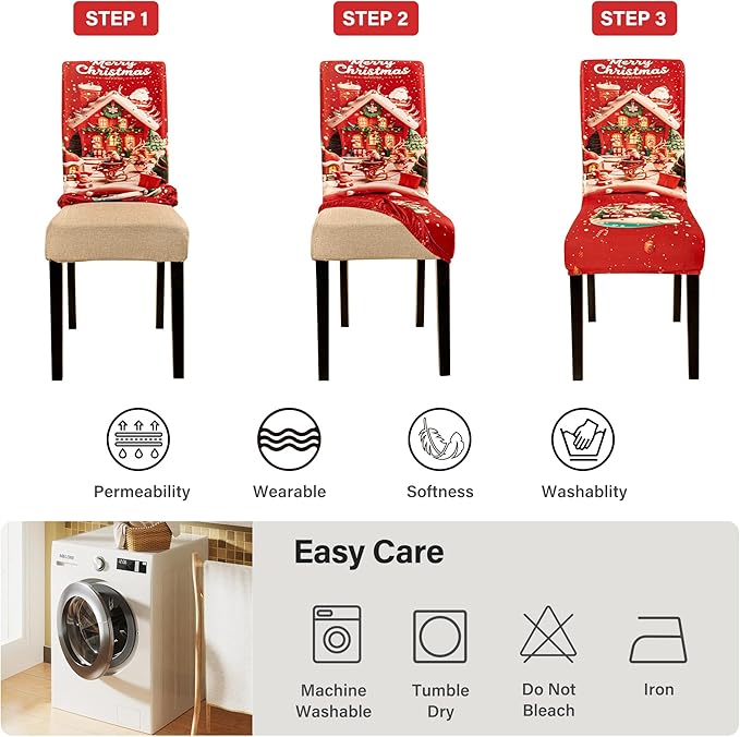 6PCS Christmas Dining Chair Covers Stretch Removable Washable Dining Room Chair Protector Slipcovers Santa Claus House Wreaths Kitchen Chair Cover Slipcover Protector for Xmas Holiday Party Home Décor